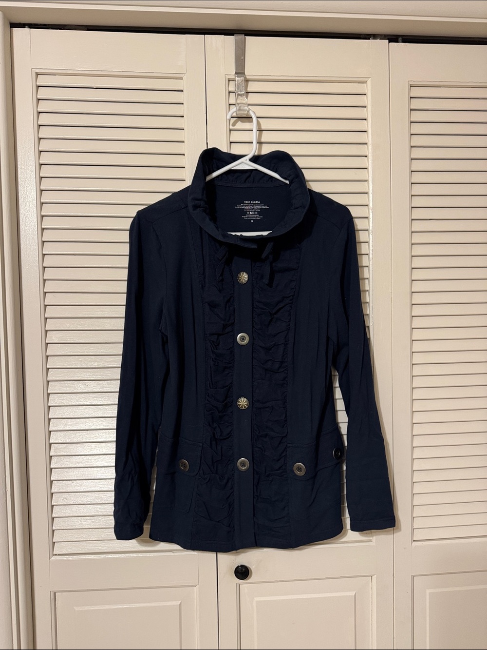 neon buddha Navy Ruffled Button Front Jacket